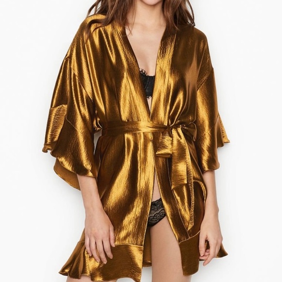 Victoria’s Secret Flounce Robe Kimono Metallic Gold Textured Heavyweight Rare